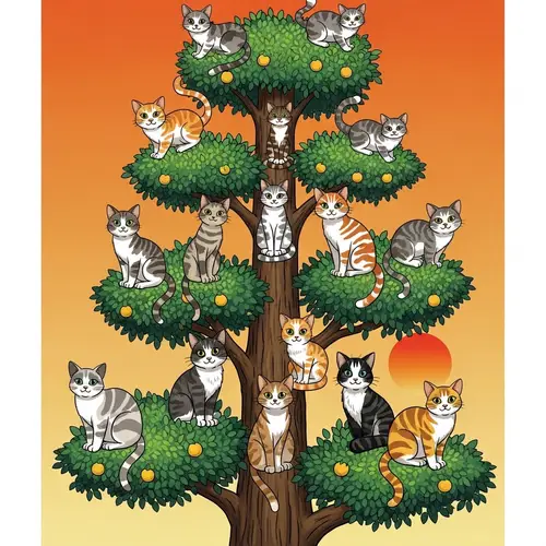 Diverse Range of Felines Perched on Looming Tree