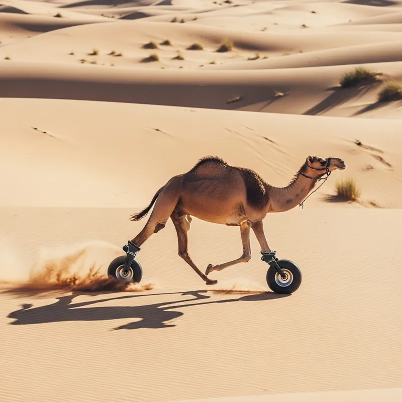 Camel with Car Wheel Running Scene