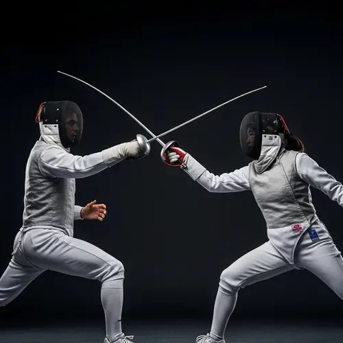 Intense Fencing Duel Between Caucasian Man and East Asian Woman