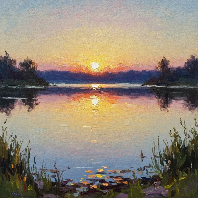 Serene Sunset Over a Tranquil Lake in Impressionist Style