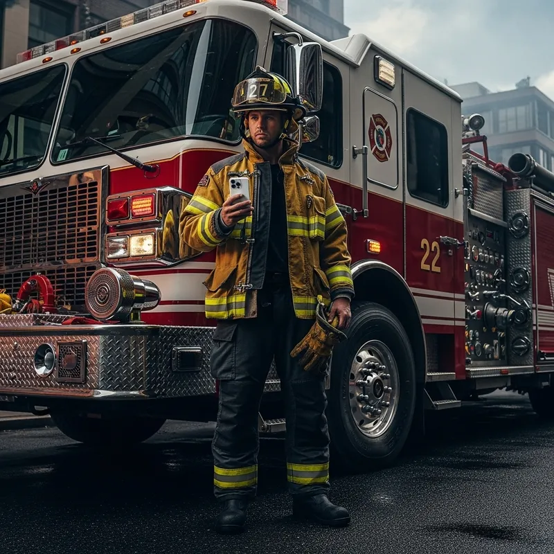 Male Firefighter in Sturdy Firefighting Gear with iPhone 12