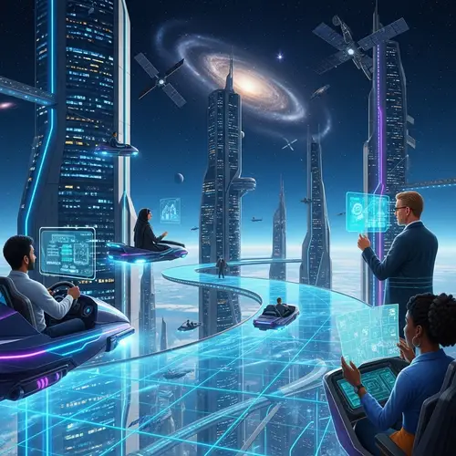 Futuristic Planet with Aerial Cities and Neon Lights