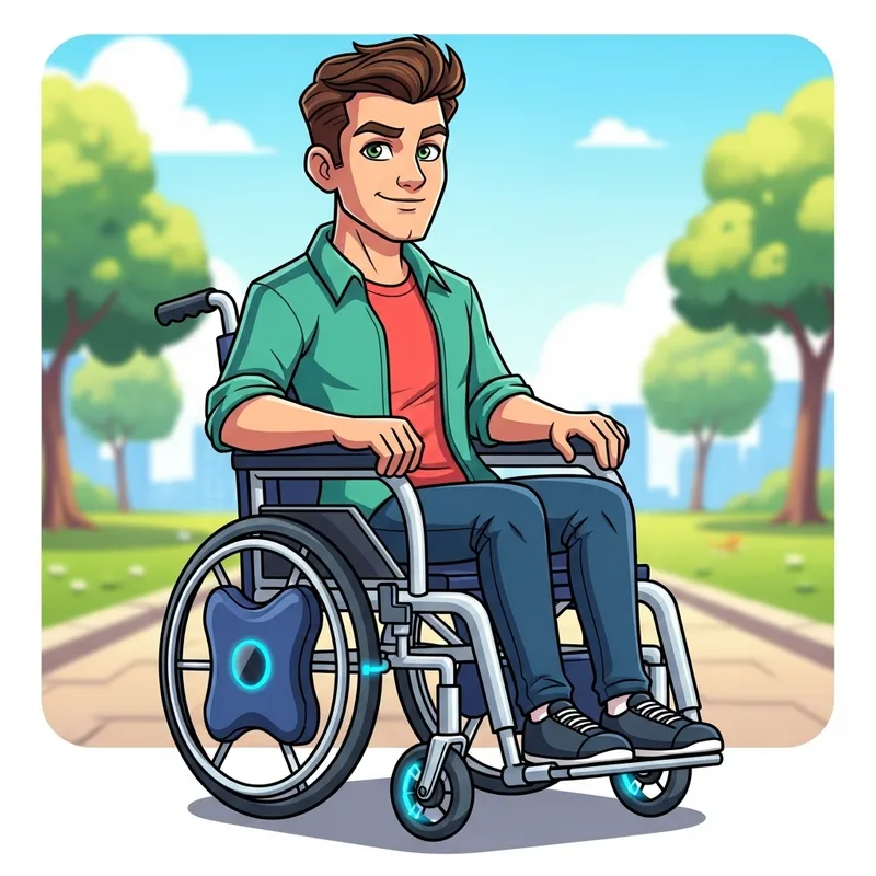 Confident Young Man with Brown Hair and Green Eyes in Modern Wheelchair