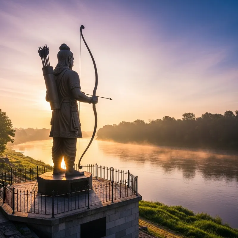 Towering Statue of Dedication by River | Ethereal Sunrise Scene