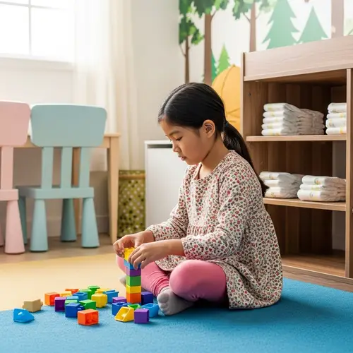 6-Year-Old Asian Girl Playing with Building Blocks