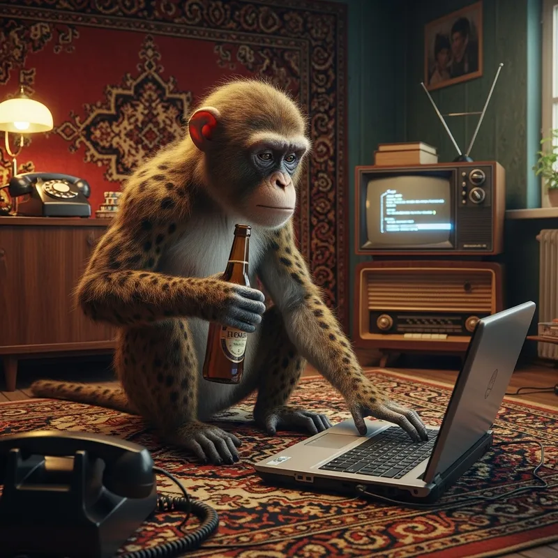 8K Hyper-Realistic Image: Spotted Monkey Programming in Soviet-Style Apartment
