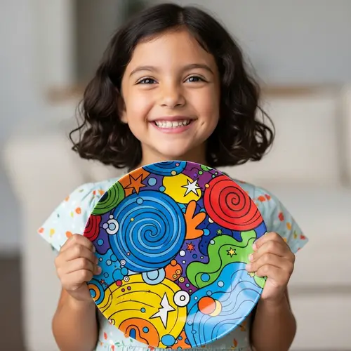 Smiling Hispanic Girl with Colorful Plate - Abstract Cartoon Style