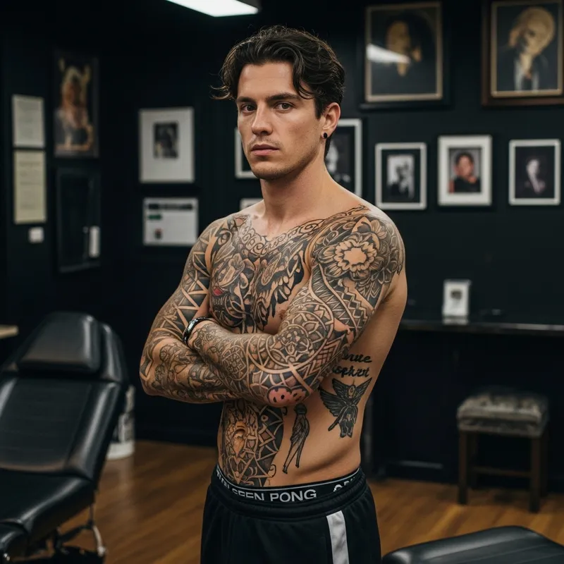 Realistic Shirtless Caucasian Man with Intricate Tattoos