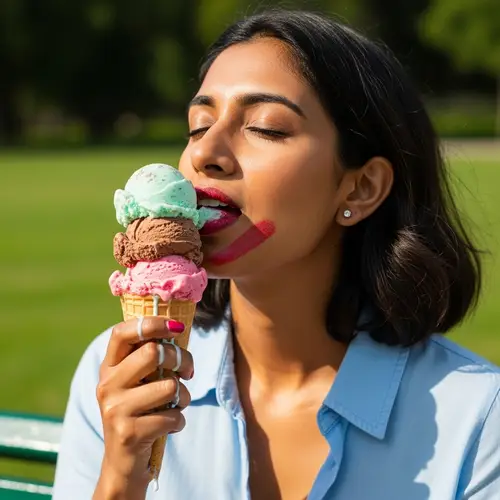 Cheerful Woman Enjoying Triple Scoop Ice Cream in Sunny Park