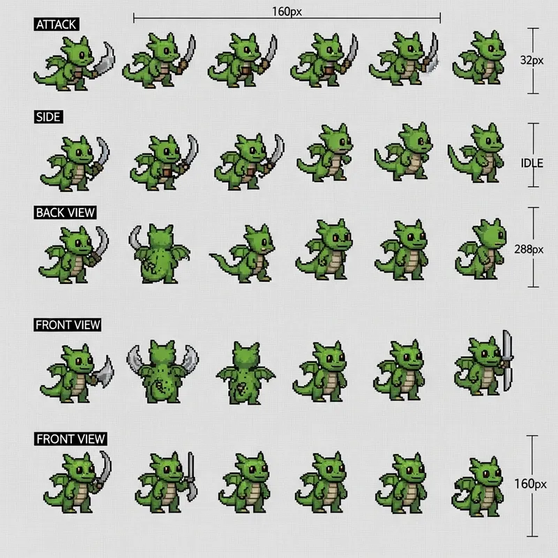 Pixel Art Sprite Sheet for Green Tiny Dragon - D&D-Style Character Design Pixel Art Sprite Sheet for Green Tiny Dragon - D&D-Style Character Design