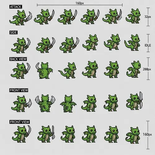 Pixel Art Sprite Sheet for Green Tiny Dragon - RPG Character Design