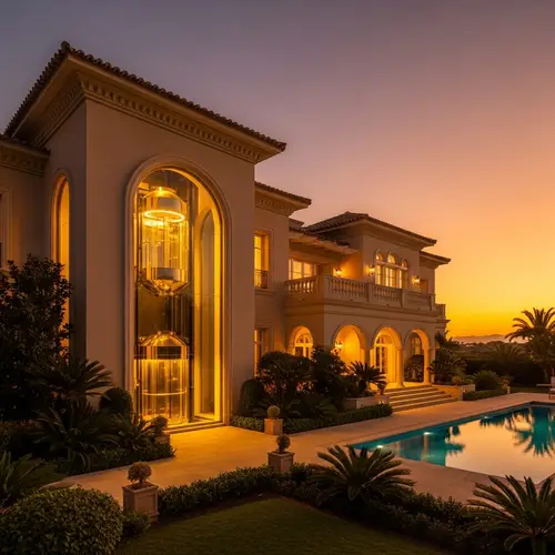 Luxurious Villa with Elevator in Golden Glow