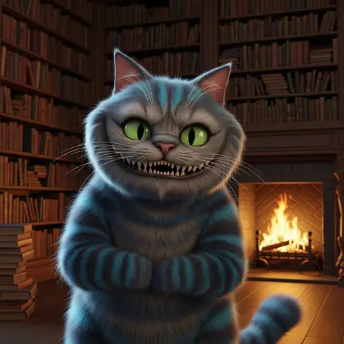 Mystical Feline Character in Library Scene | Dramatic and Unique