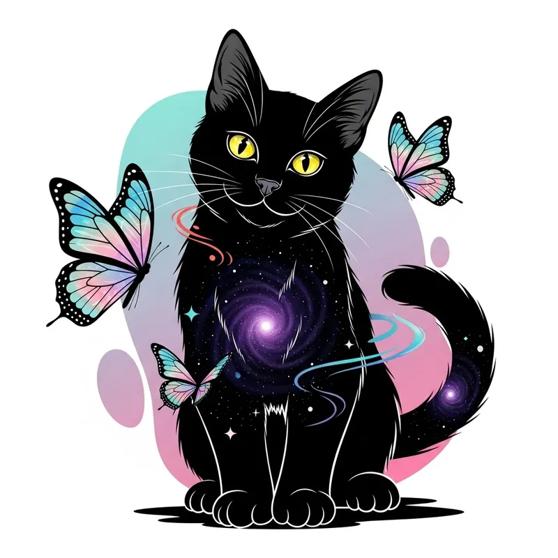 Playful Black Cat: Surrealistic Digital Illustration in Minimalist Style