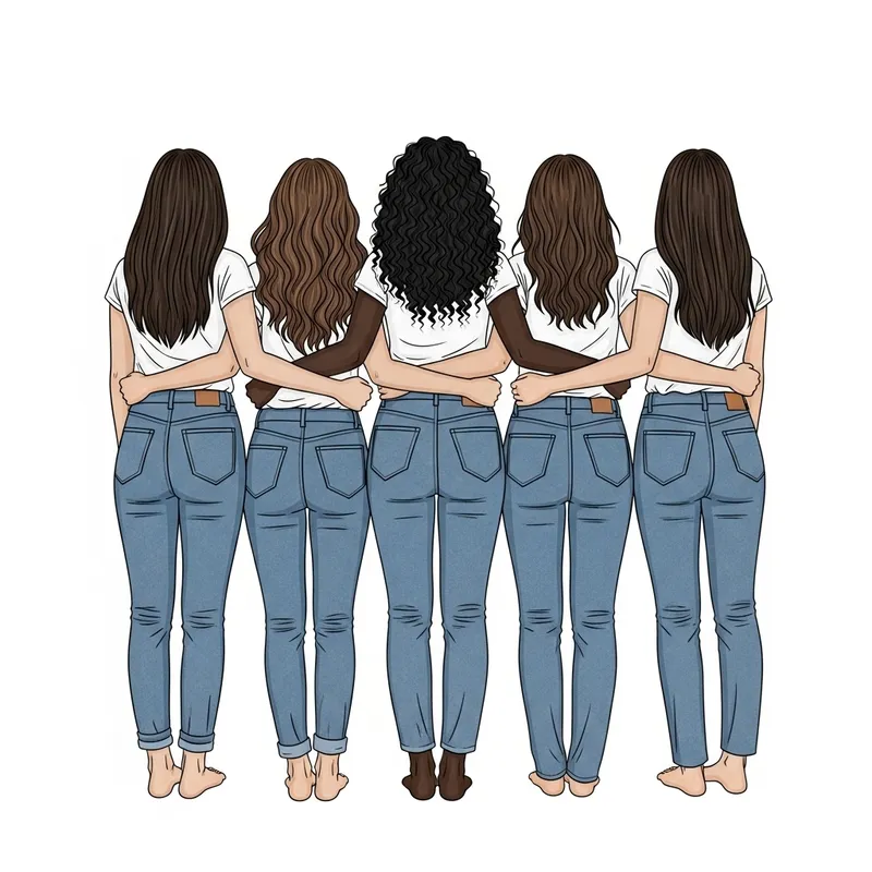 Colorful Drawing of 5 Female Friends Embracing on Beach