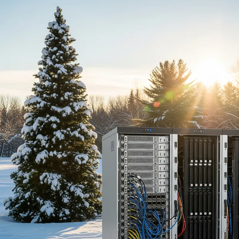Snow-Covered Tech Servers Among Christmas Tree in Sunlight