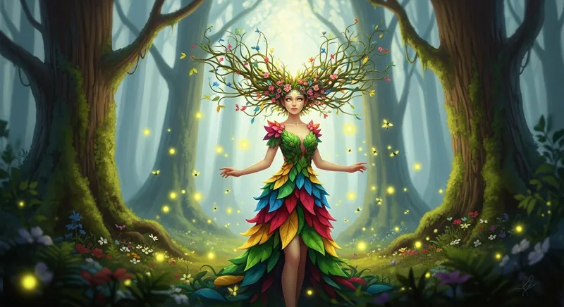 Enchanting Forest Nymph Embraced by Fireflies