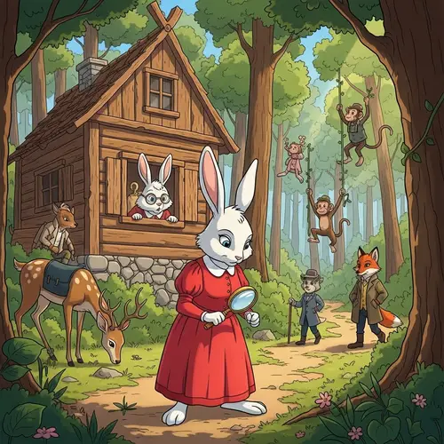 Whimsical Cartoon Rabbit in Red Dress and Animals in Forest
