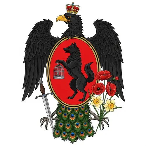 Aristocratic Emblem with Wolf, Eagle, Peacock, and Floral Elements