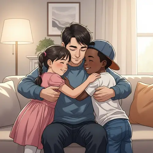 Heartwarming Family Moment: Parent Embracing Beloved Children