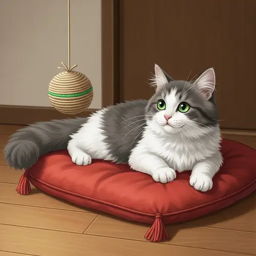Adorable Cat with White and Grey Fur on Red Cushion