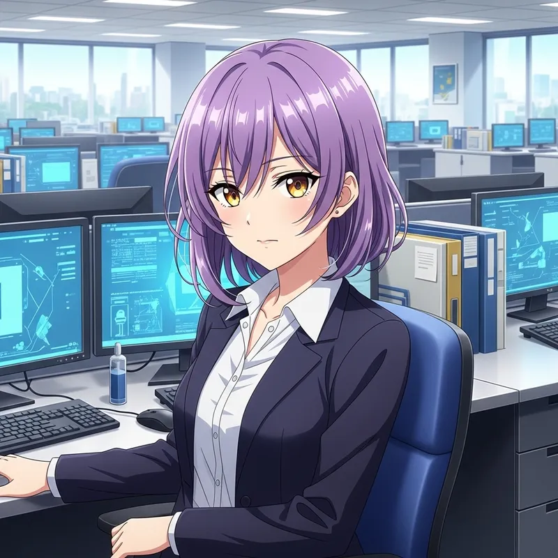Anime Style Girl with Purple Hair in Office Setting