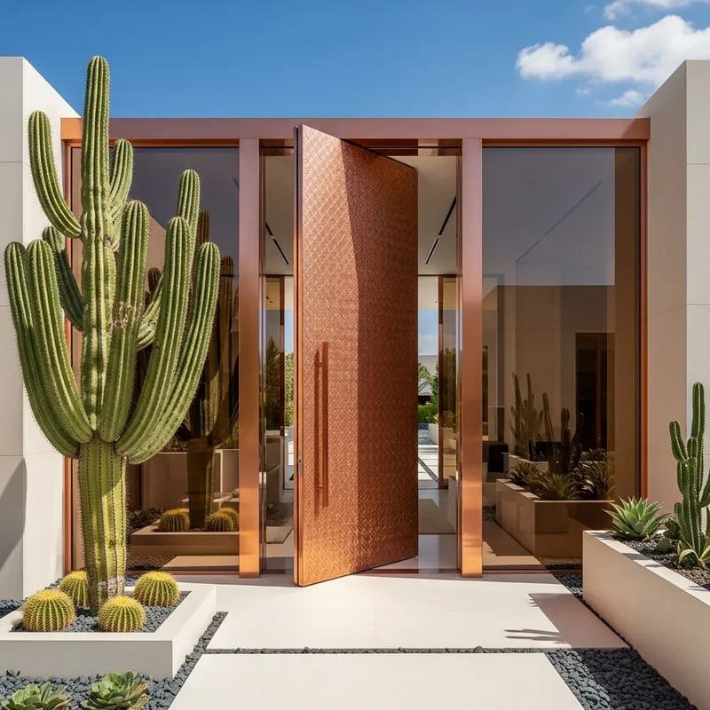Luxurious Modern Villa Facade with Massive Copper & Glass Pivoting Door in Dubai Luxurious Modern Villa Facade with Massive Copper & Glass Pivoting Door in Dubai