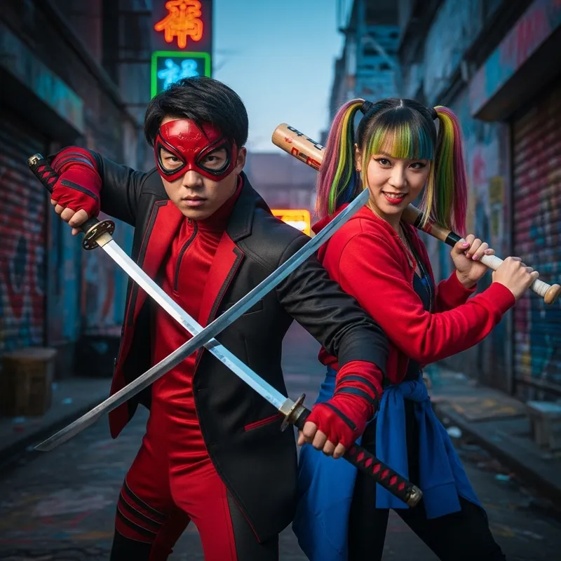 Realistic Asian Duo Cosplay: Deadpool & Harley Quinn | Dynamic Pose