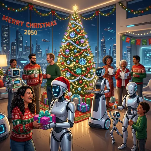 Futuristic Christmas Celebration with Humans and Robots in 2050