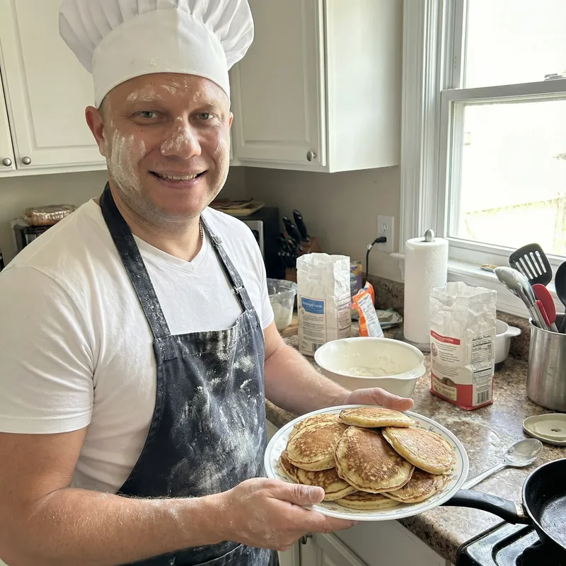 Chef in Apron with Fresh Pancakes | Cooking Fun Chef in Apron with Fresh Pancakes | Cooking Fun