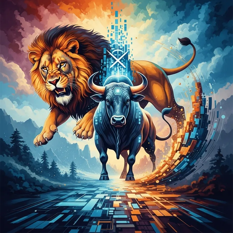 Masterful Lion and Bull Painting in Tech Landscape | Innovative Artwork