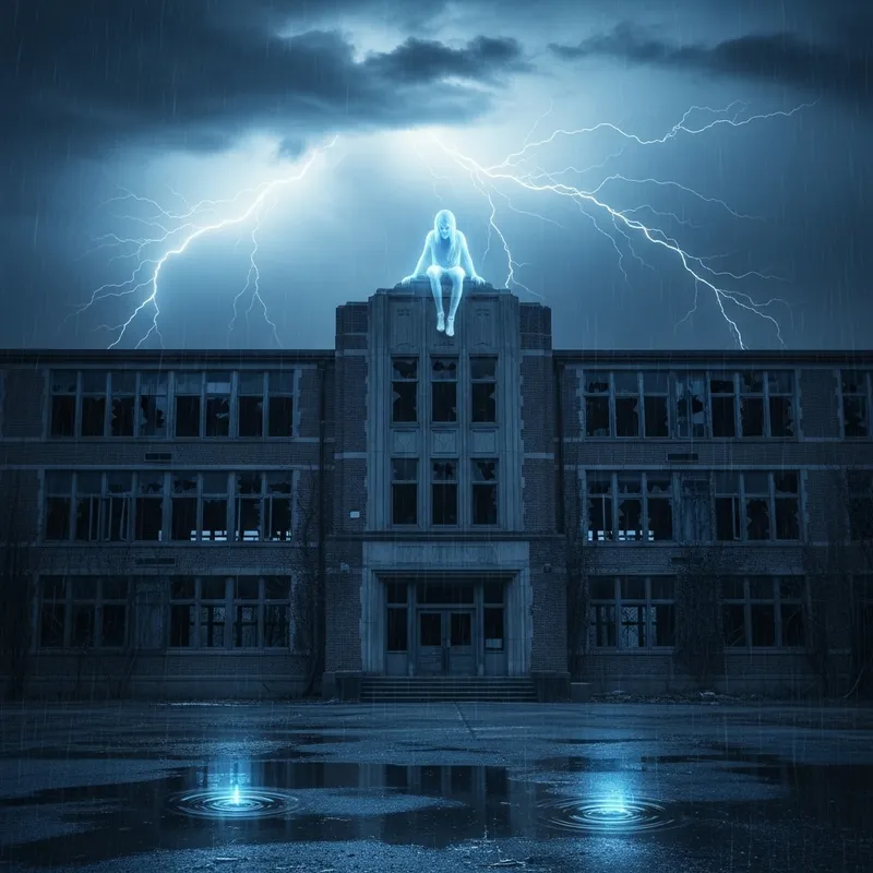Ethereal Ghost on Abandoned School in Stormy Atmosphere Ethereal Ghost on Abandoned School in Stormy Atmosphere