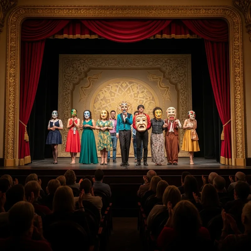Colorful Theatrical Stage with Vibrant Masks and Diverse Performers