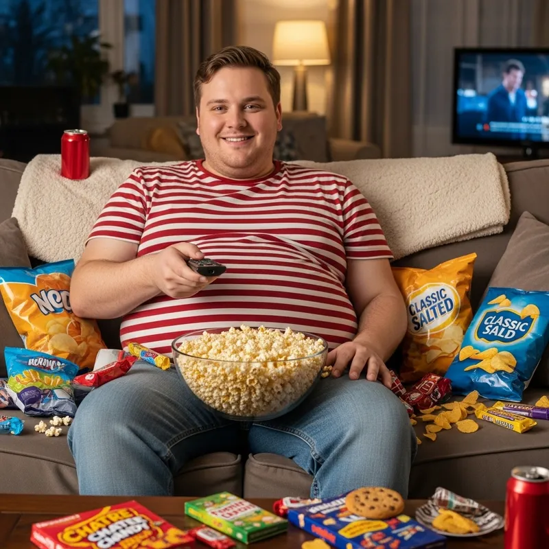 The Fattest Man in the World: Overweight Man Surrounded by Snacks