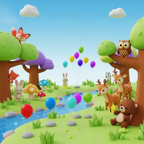 Colorful 3D Forest with Animals and Balloons