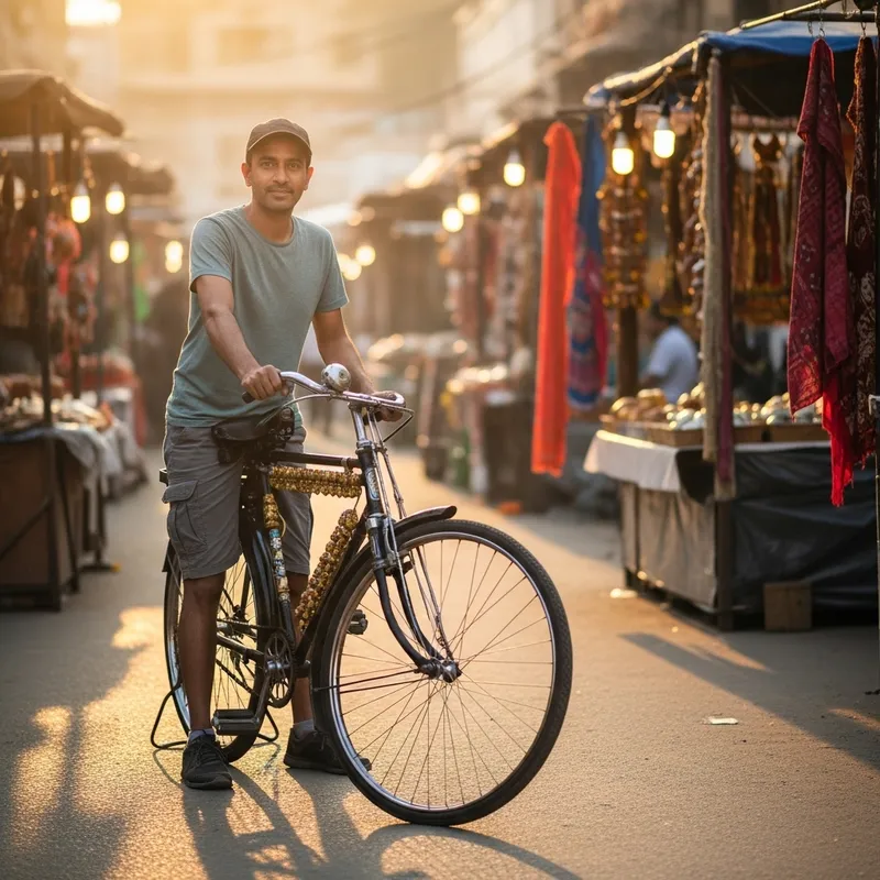 Indian Man Cycling through Urban Streets