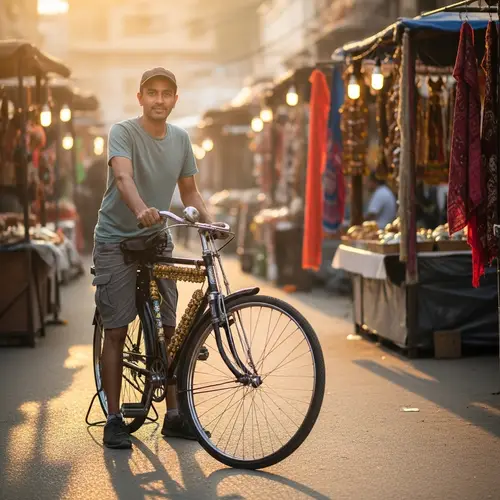 Vintage Indian Man Cycling through Bustling Streetscape