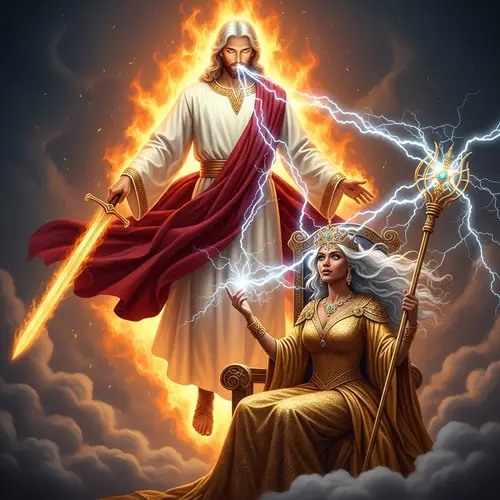 Revelation 1: Jesus in Glowing Attire Overseeing Woman on a Throne