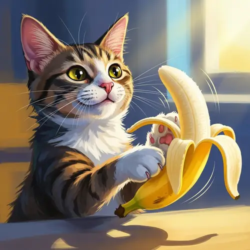 Joyful Cat with Banana - Whimsical Digital Art