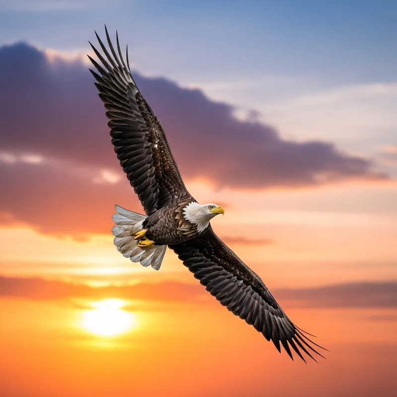 Capturing a Majestic Eagle Soaring Through a Vibrant Sunset Sky