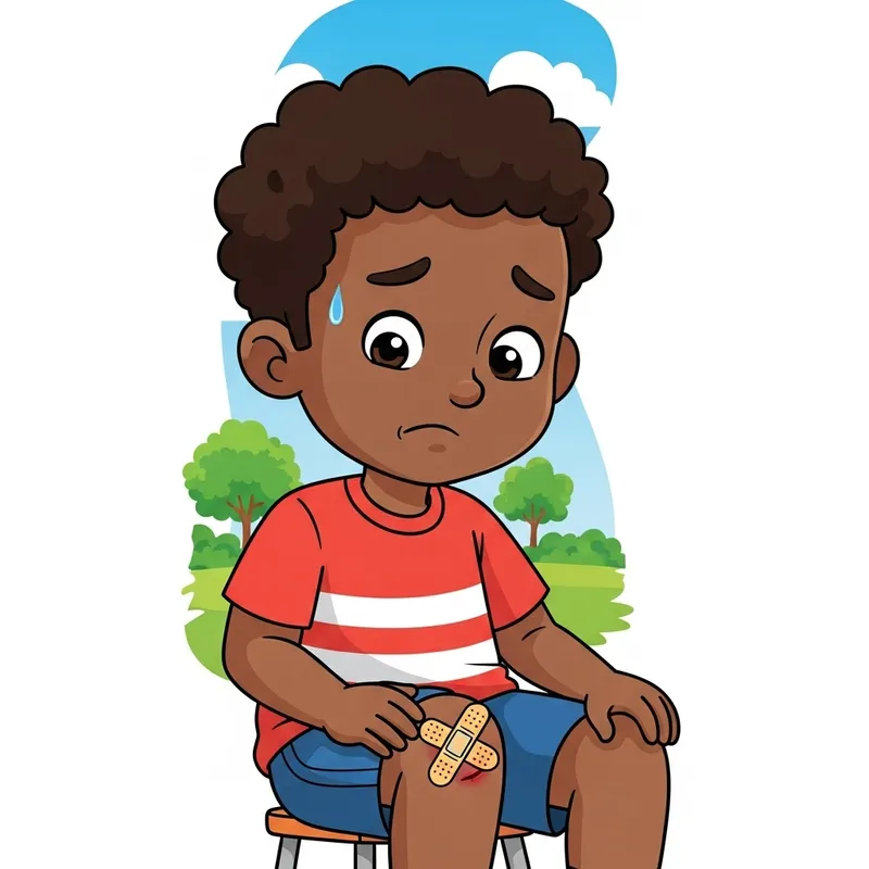 Resilient Cartoon Kid with Scraped Knee: Emotional Portrait