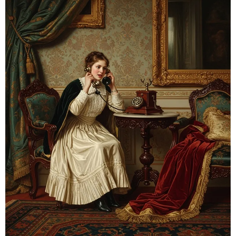 Victorian Era Elegance: Girl with Oil Phone Painting