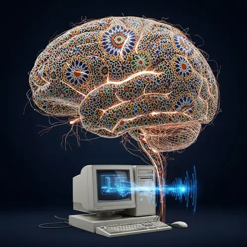 Intricate Moroccan-Patterned Brain Connected to Vintage Computer