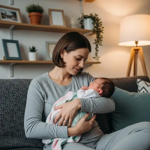 Caucasian Mother Cradling Newborn with Love | Cozy Living Room Setting