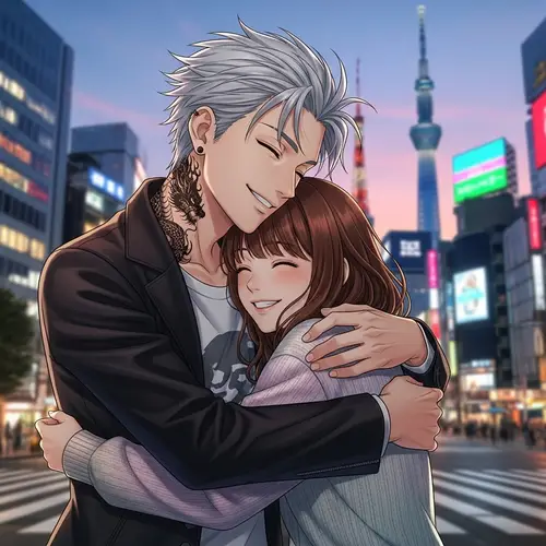 Mitsuya Takashi from Tokyo Revengers Embracing Chestnut-Haired Girl