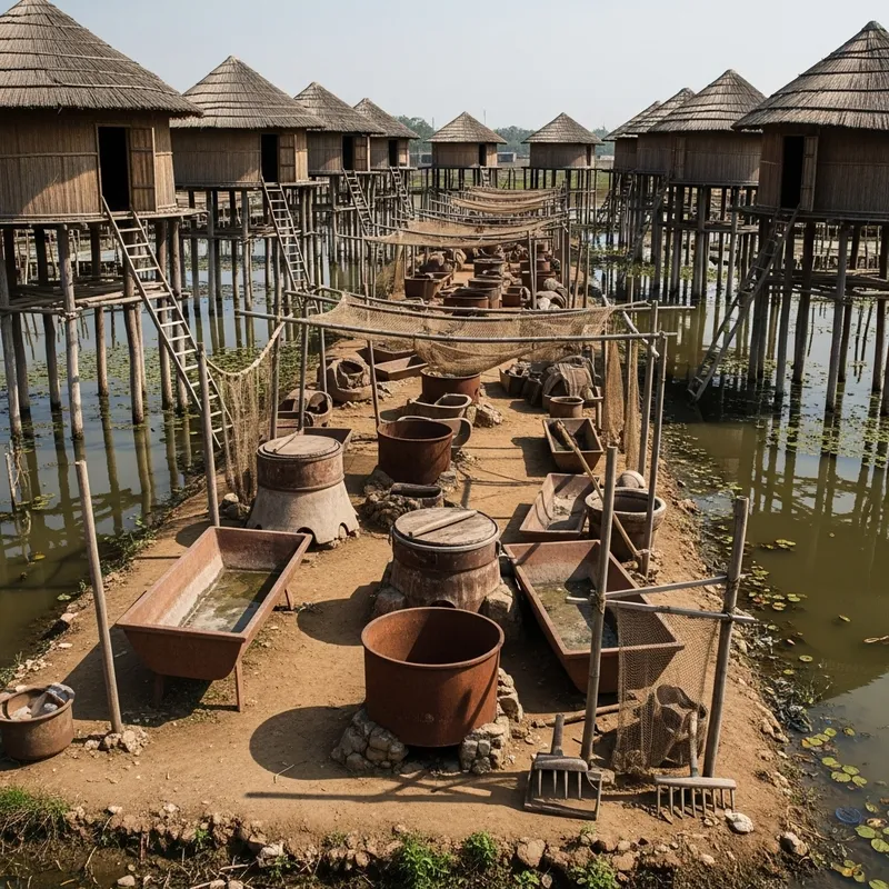 Eerie Rural Scene: Round Houses on Stilts and Dry Nets Eerie Rural Scene: Round Houses on Stilts and Dry Nets