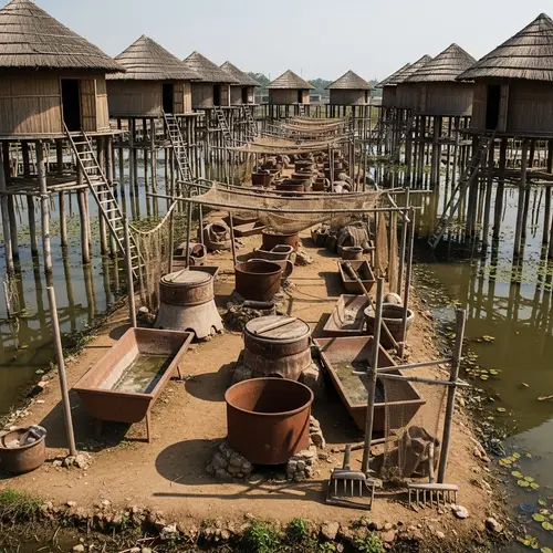 Mysterious Rural Scene with Round Houses on Stilts