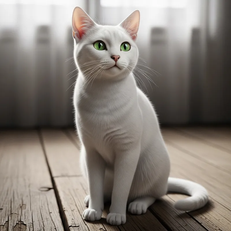 White Cat with Stunning Green Eyes on Wood Floor White Cat with Stunning Green Eyes on Wood Floor