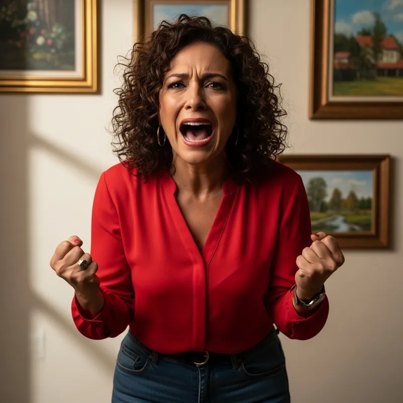 Middle-Aged Hispanic Woman Screaming in Intense Emotional Distress