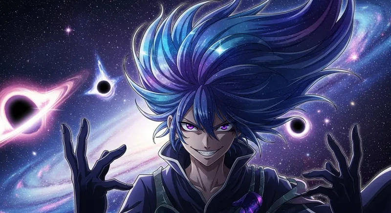 Galaxy-Inspired Sadistic Young Anti-Hero with Massive Blue Purple Hair